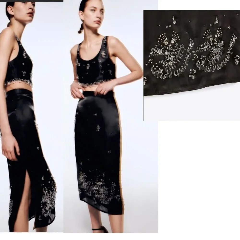 ZARA black Jewel trim satin midi skirt limited Edition Sz XS NWT